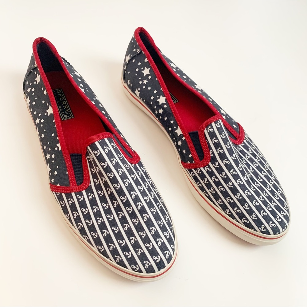 Sperry Top-Sider Stars, Stripes, and Anchors Print Slip Ons, Red White Blue, 6.5